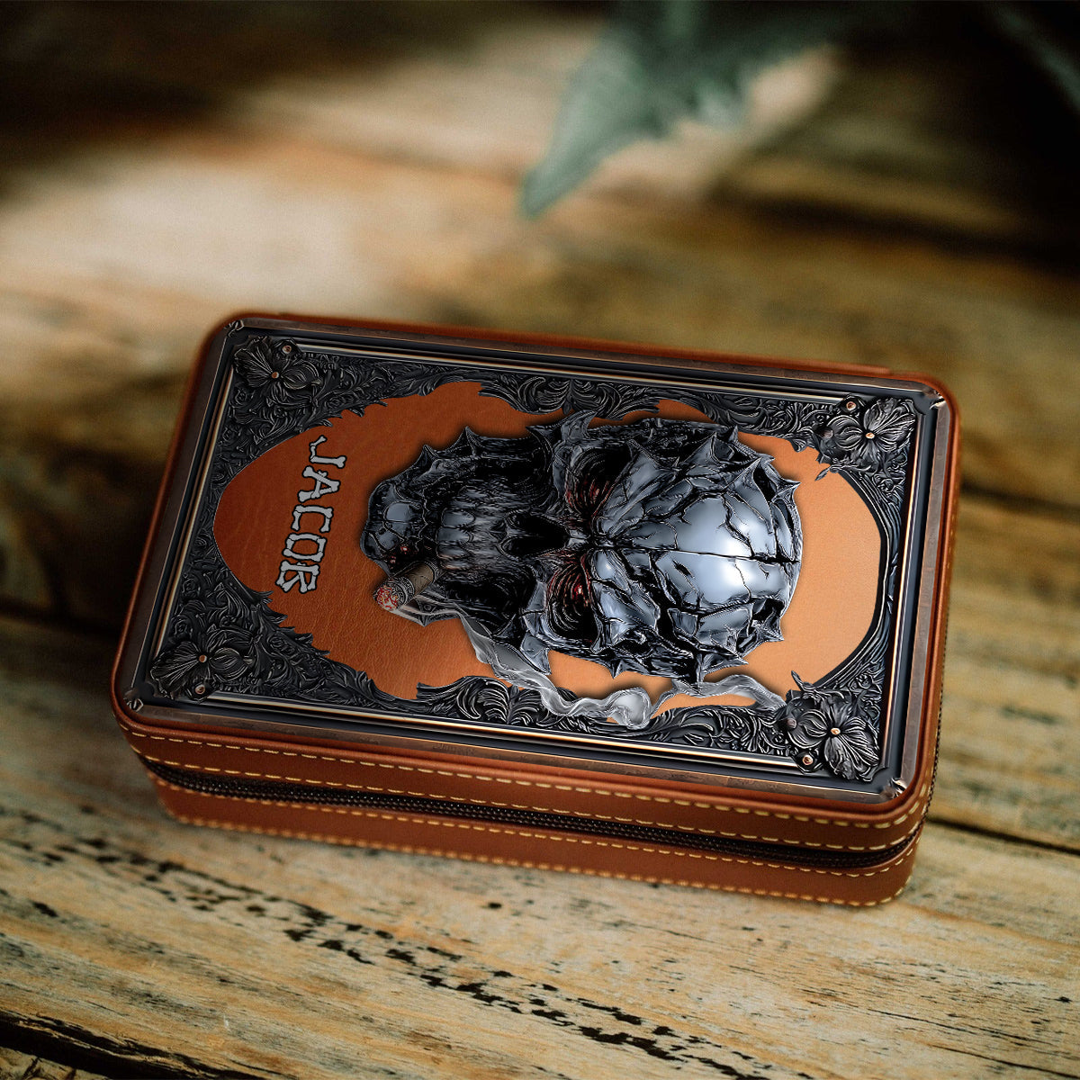 Smoking Skull - Personalized Skull Travel Cigar Humidor Case