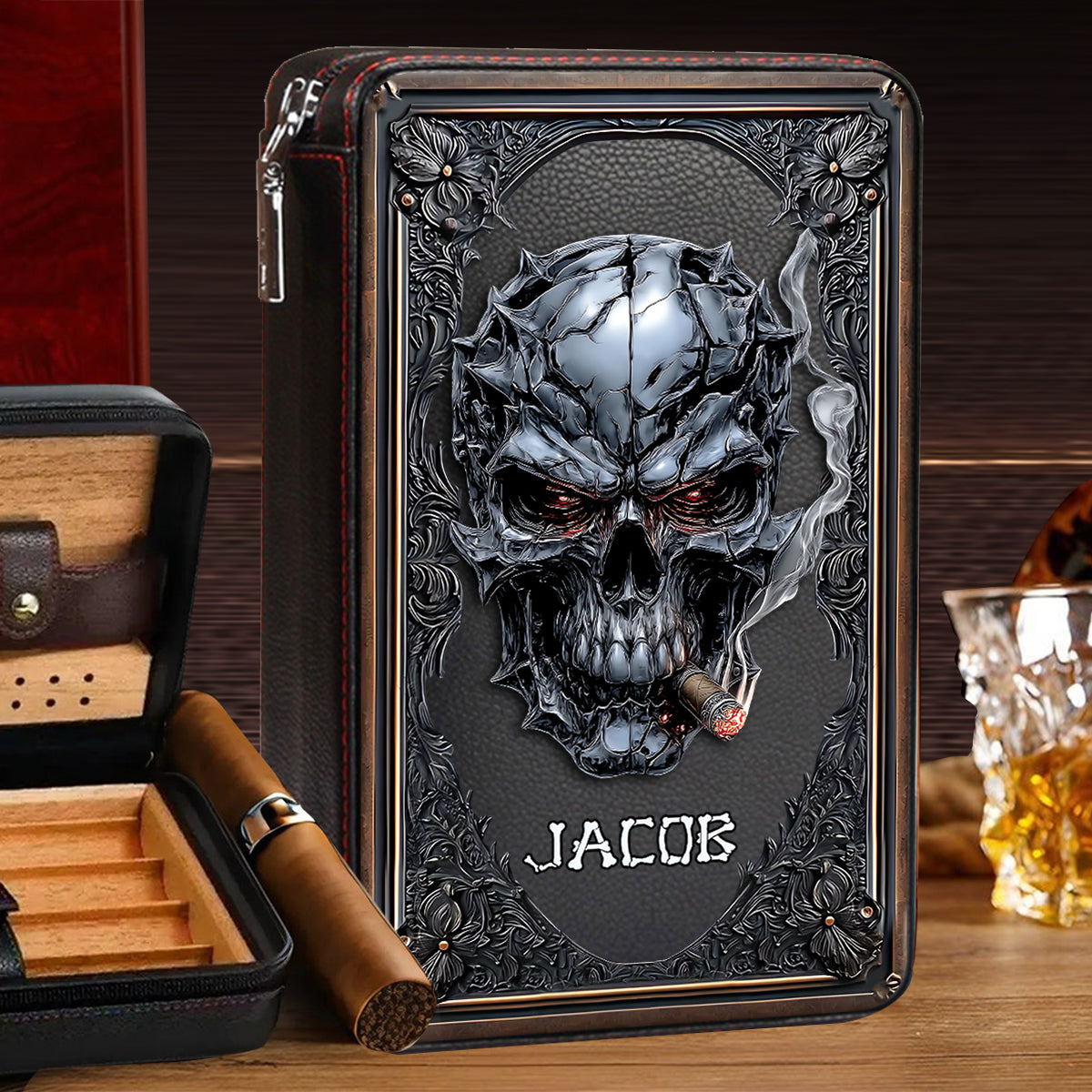 Smoking Skull - Personalized Skull Travel Cigar Humidor Case