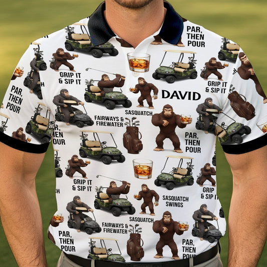 Polo de golf humoristique Sasquatch et whisky, cadeau amusant pour lui, papa… - Polo de golf personnalisé