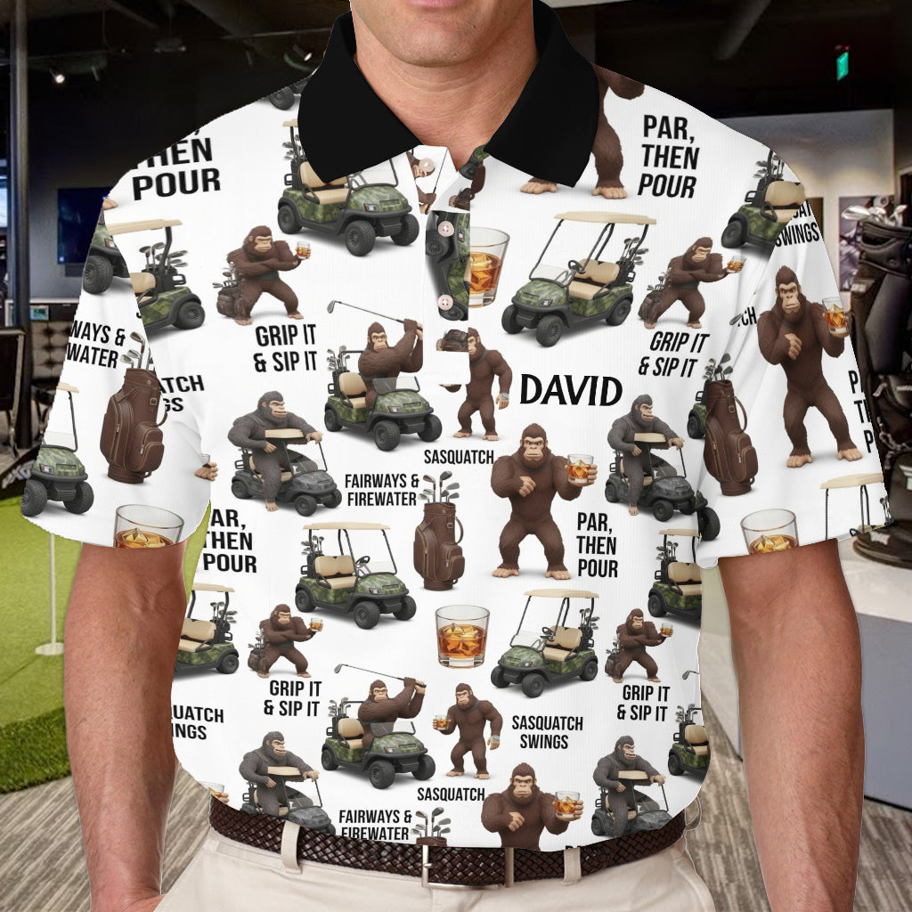 Funny Sasquatch & Whiskey Golf Polo Shirt, Funny Gift For Him, Dad,... - Personalized Golf Polo Shirt