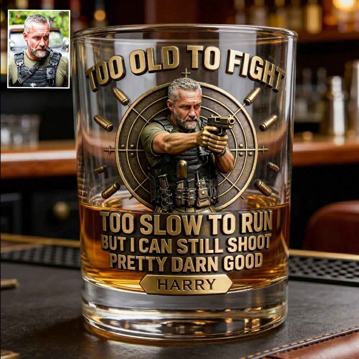 Vieil homme mais toujours capable de tirer - Verre à whisky tactique personnalisé