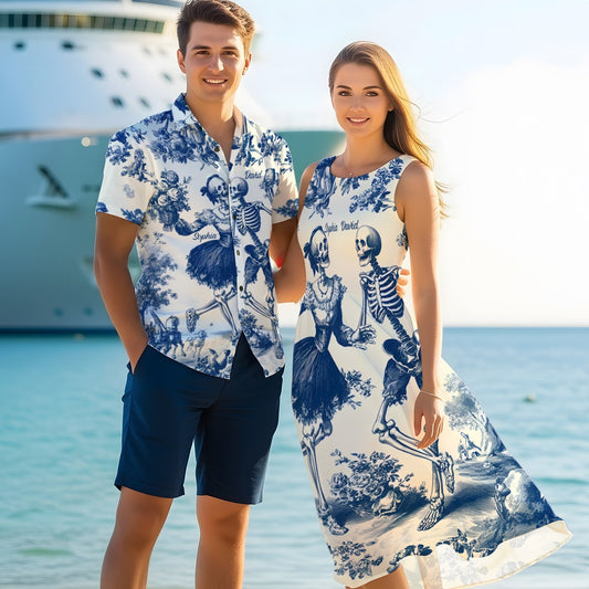 Jusqu'à ce que la mort nous sépare - Chemise hawaïenne et robe sans manches Aloha Skeleton personnalisées pour couple