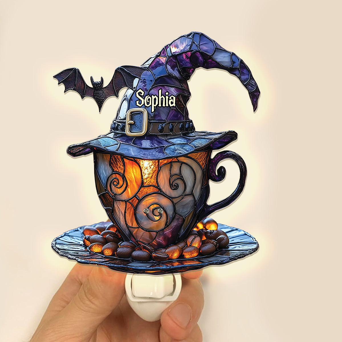 Chapeau de sorcière et tasse à café - Veilleuse sorcière personnalisée en acrylique