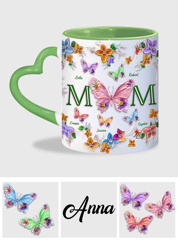 Mug personnalisé « Papillons colorés Maman » avec anse en forme de cœur