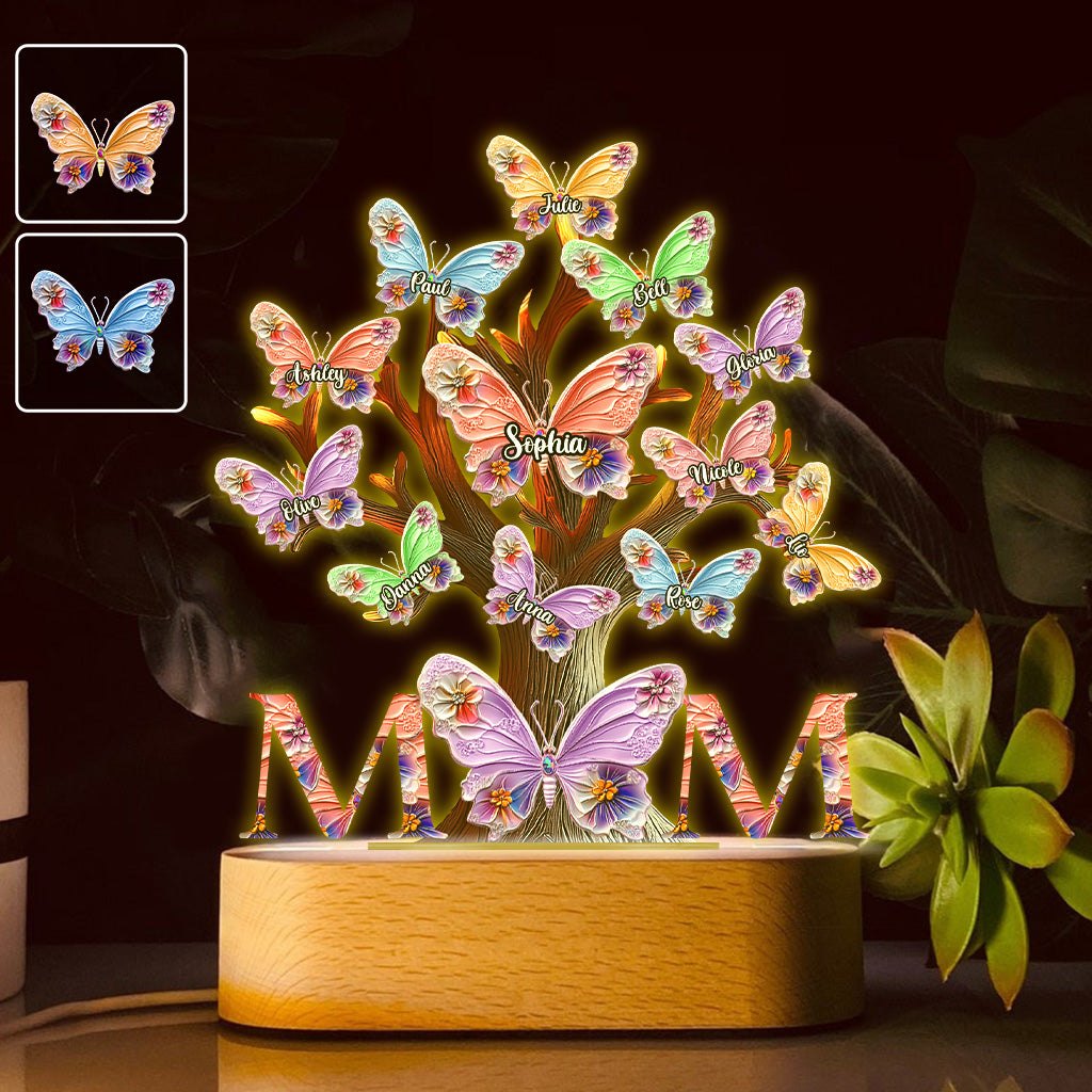Plaque lumineuse personnalisée « Papillons colorés Maman » - Socle lumineux en forme de mère