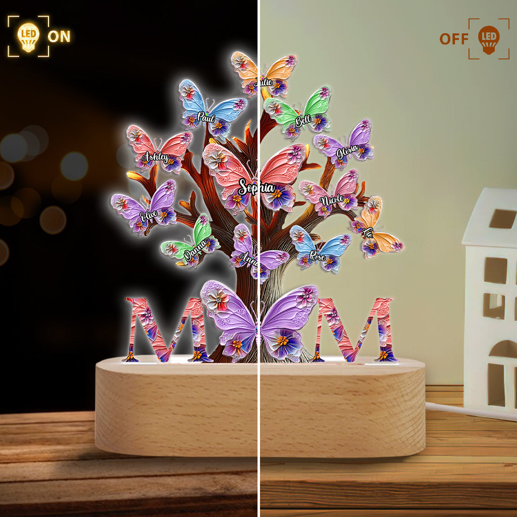 Plaque lumineuse personnalisée « Papillons colorés Maman » - Socle lumineux en forme de mère