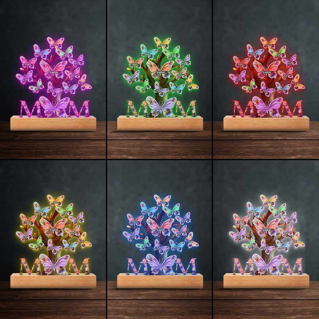 Plaque lumineuse personnalisée « Papillons colorés Maman » - Socle lumineux en forme de mère