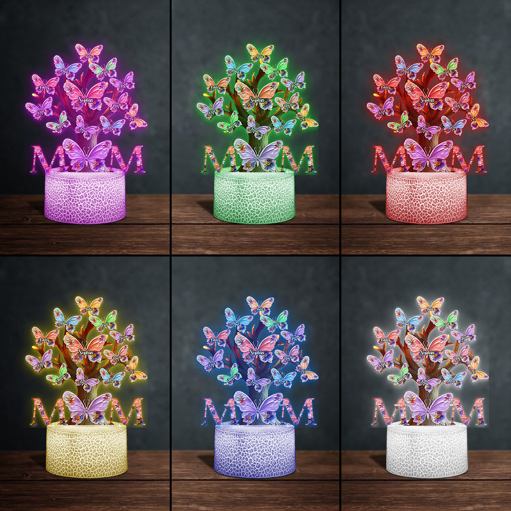 Plaque lumineuse personnalisée « Papillons colorés Maman » - Socle lumineux en forme de mère