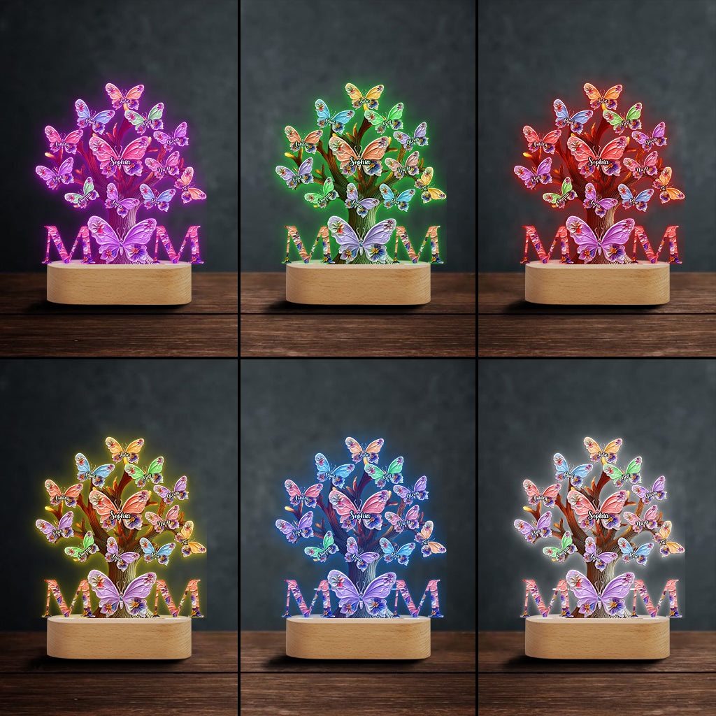 Plaque lumineuse personnalisée « Papillons colorés Maman » - Socle lumineux en forme de mère