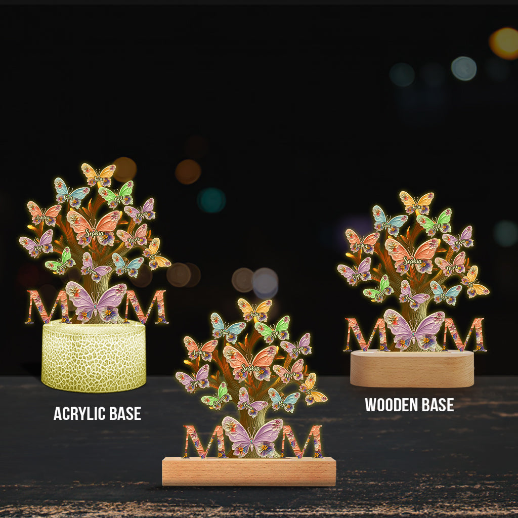Plaque lumineuse personnalisée « Papillons colorés Maman » - Socle lumineux en forme de mère