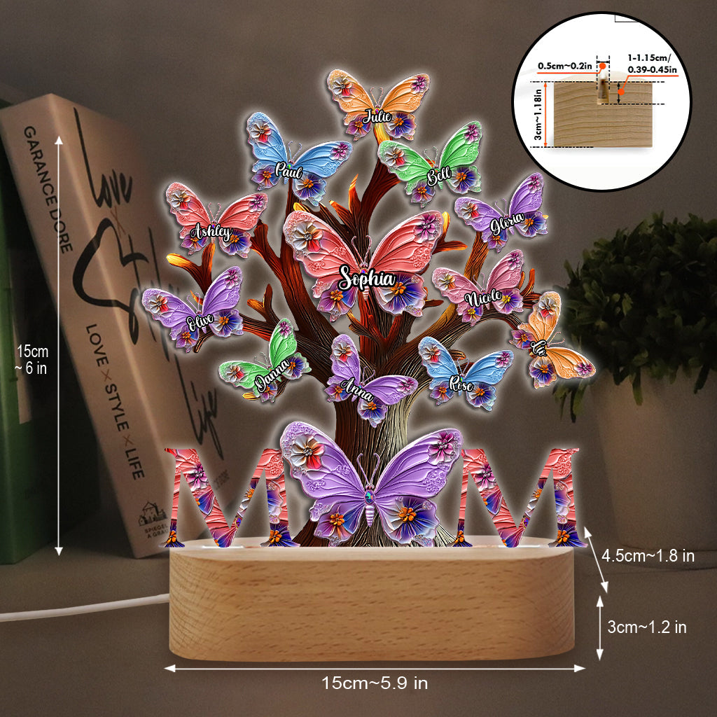 Plaque lumineuse personnalisée « Papillons colorés Maman » - Socle lumineux en forme de mère