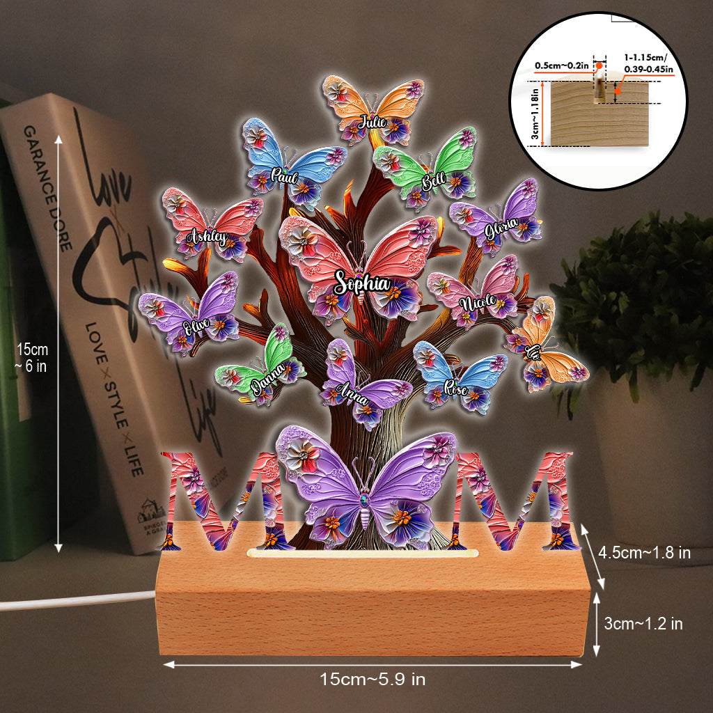 Plaque lumineuse personnalisée « Papillons colorés Maman » - Socle lumineux en forme de mère
