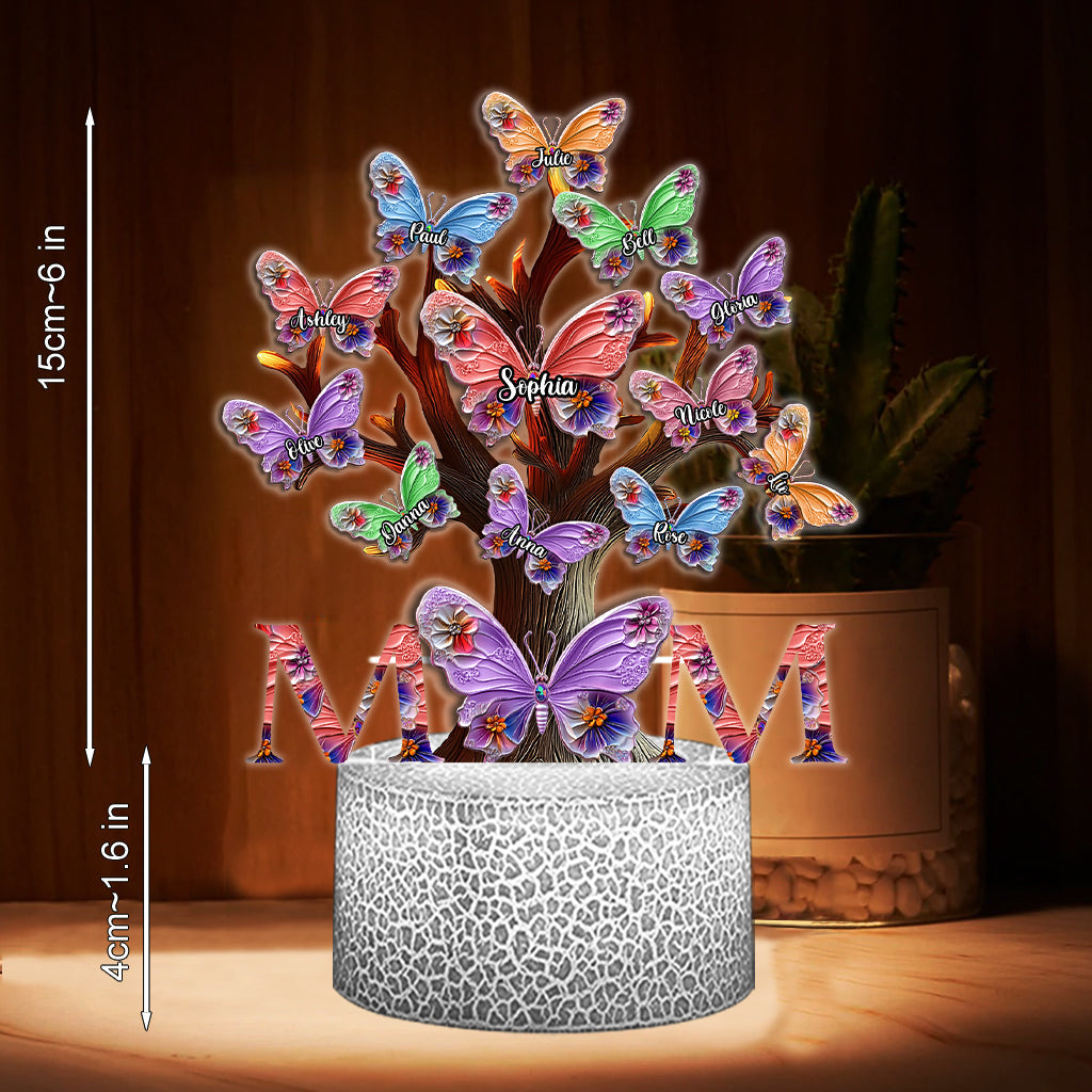 Plaque lumineuse personnalisée « Papillons colorés Maman » - Socle lumineux en forme de mère