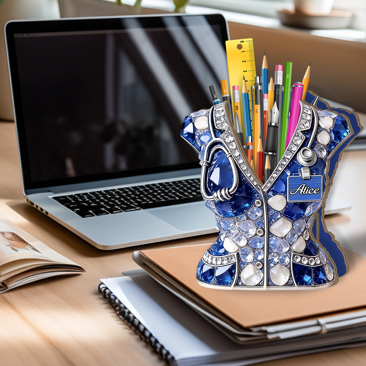 Porte-stylo Infirmière - Organisateur de Bureau en Bois Personnalisé