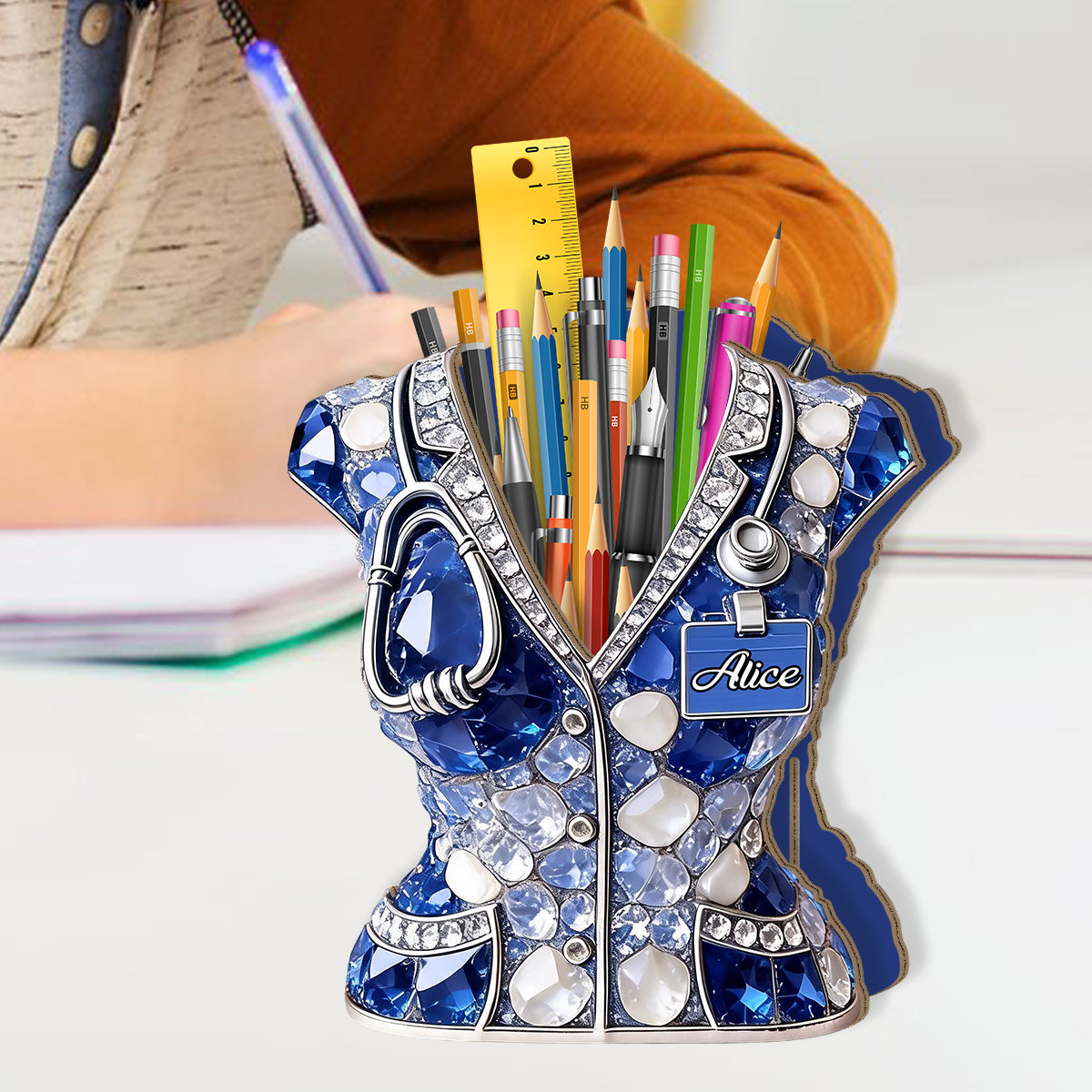 Porte-stylo Infirmière - Organisateur de Bureau en Bois Personnalisé