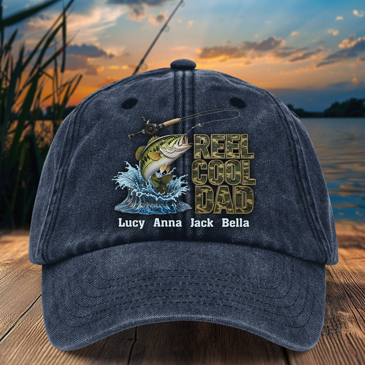 Reel Cool Dad - Personalized Fishing Washed Denim Cap
