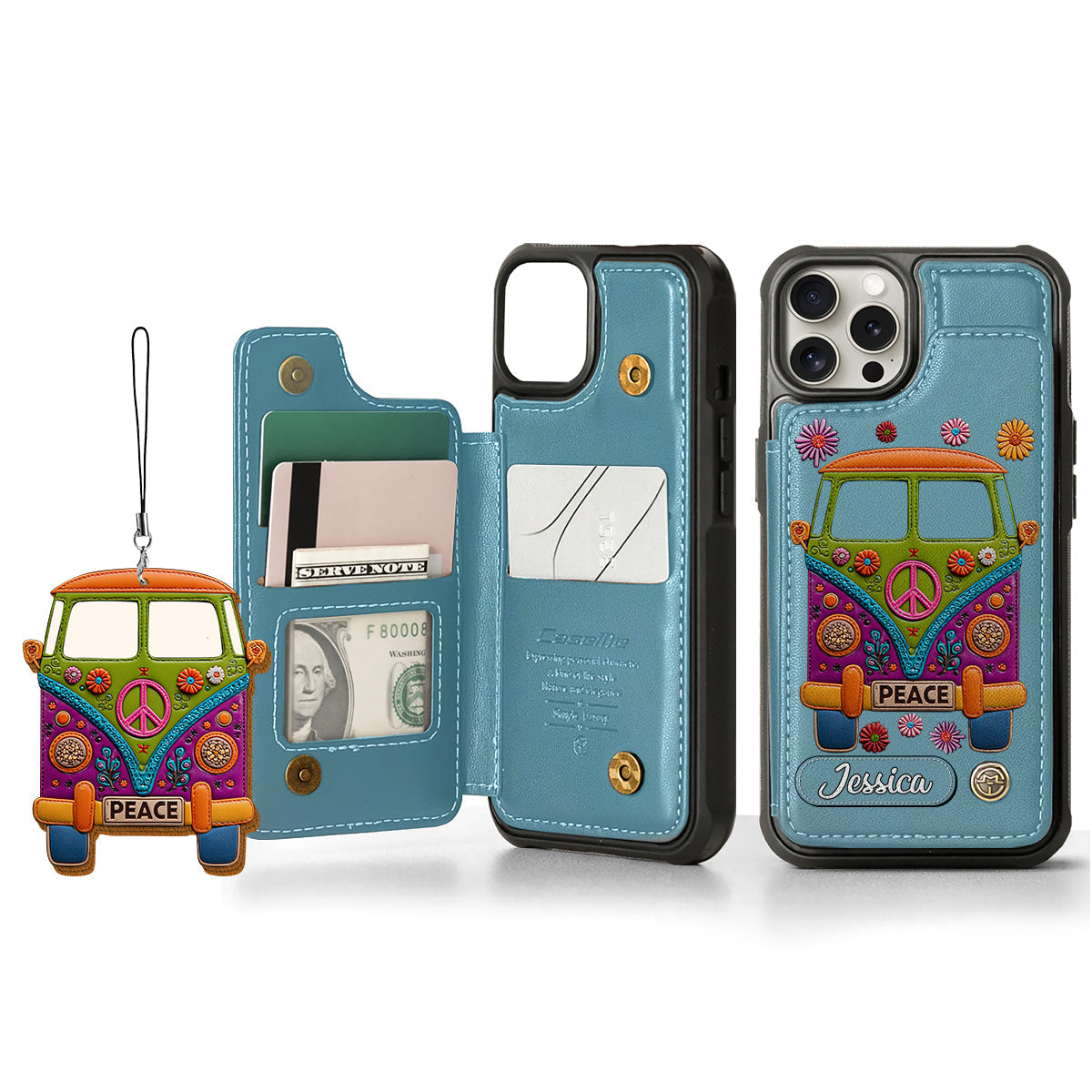 Peace Bus - Étui portefeuille hippie personnalisé avec breloque en cuir