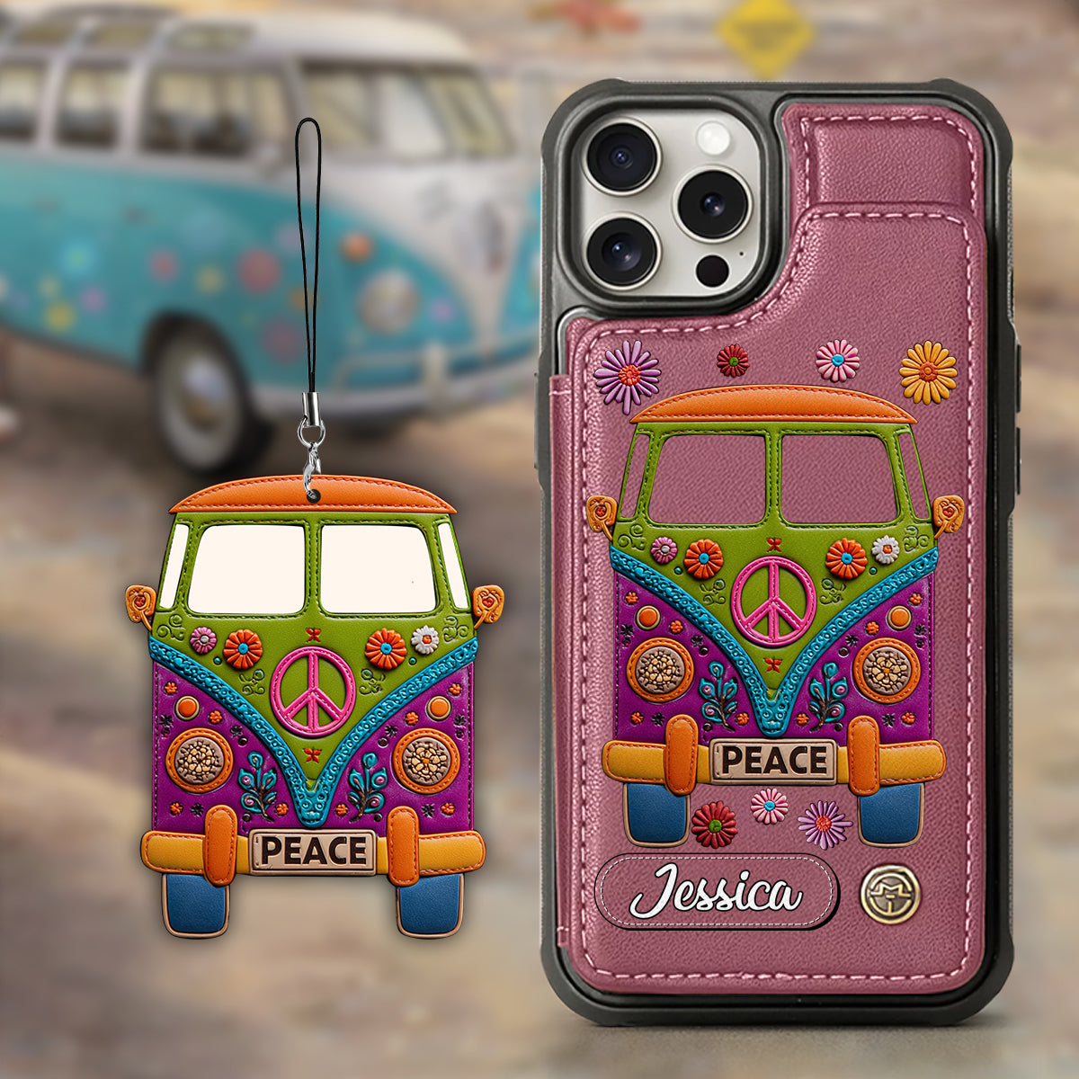 Peace Bus - Étui portefeuille hippie personnalisé avec breloque en cuir