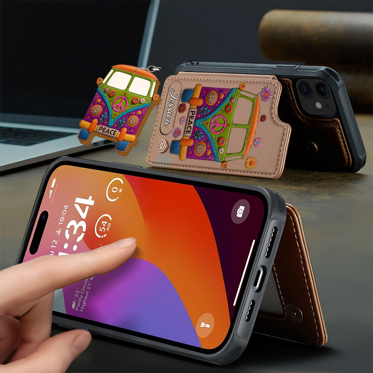Peace Bus - Étui portefeuille hippie personnalisé avec breloque en cuir