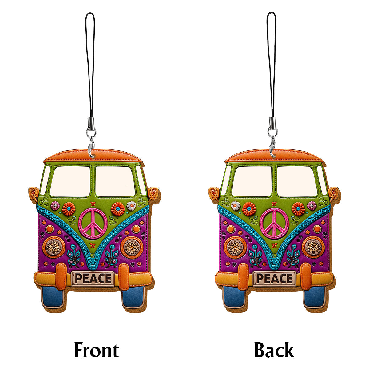Peace Bus - Étui portefeuille hippie personnalisé avec breloque en cuir