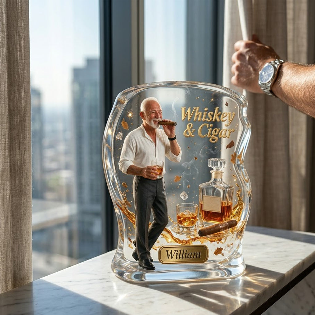 Toute Photo, Whisky & Cigare - Plaque Acrylique Personnalisée en Forme de Whisky