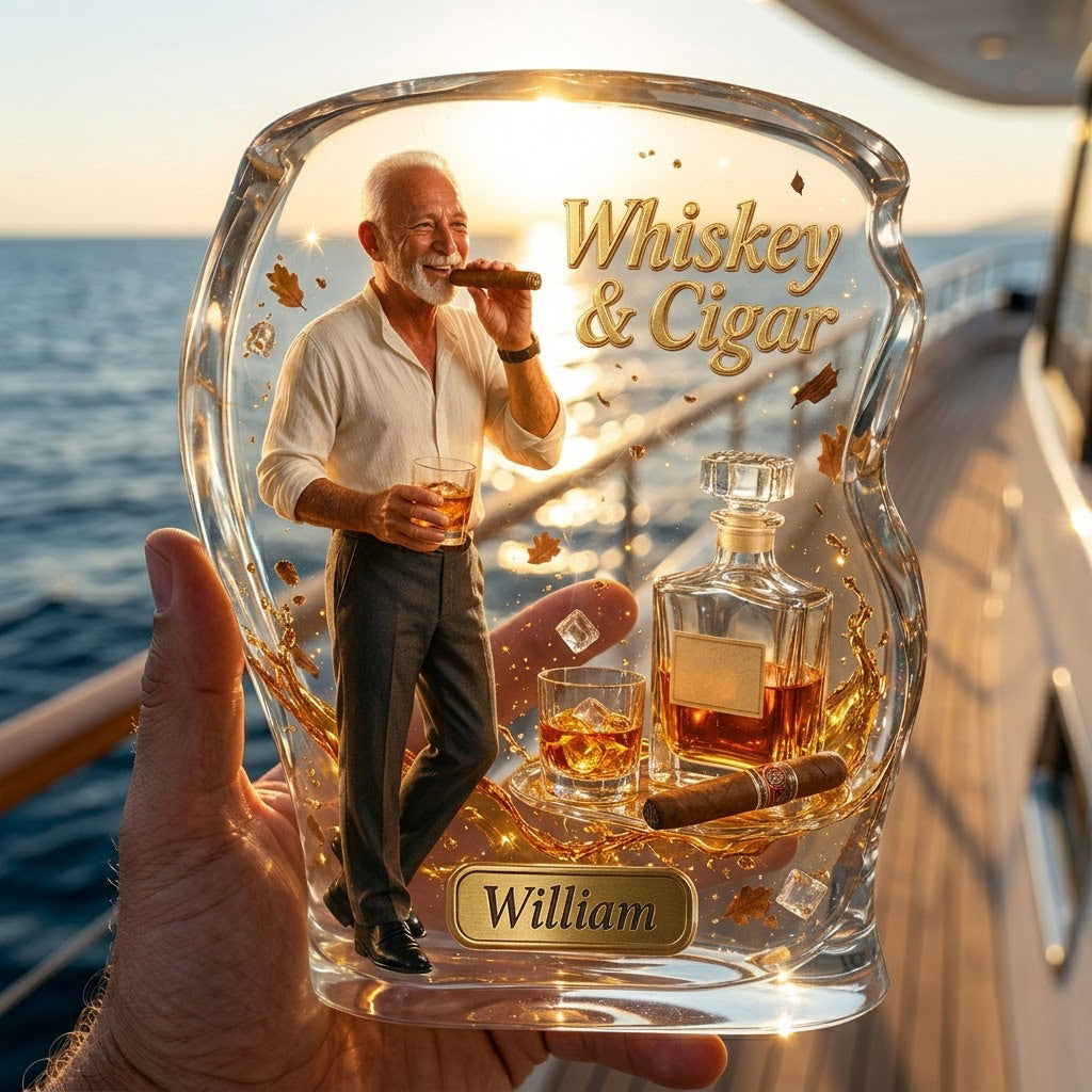 Toute Photo, Whisky & Cigare - Plaque Acrylique Personnalisée en Forme de Whisky