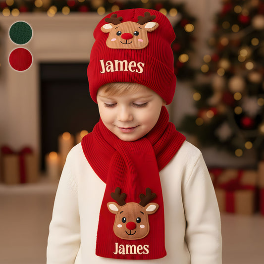 Cute Reindeer - Personalized Kid Knitted Beanie Hat and Scarf Set