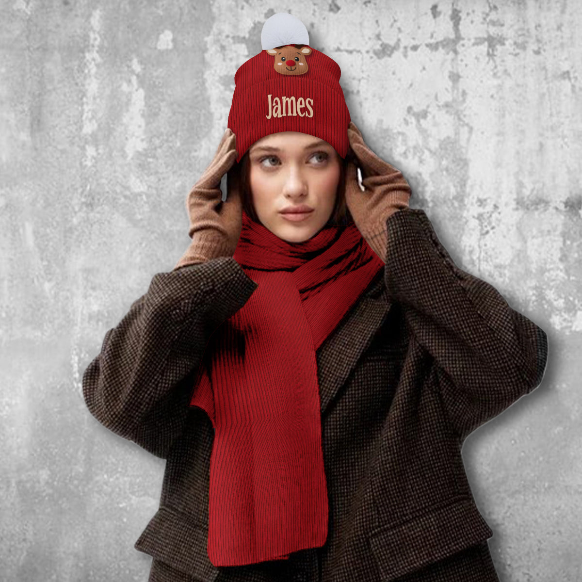 Adorable ensemble bonnet et écharpe tricotés personnalisés pour enfant - Motif renne