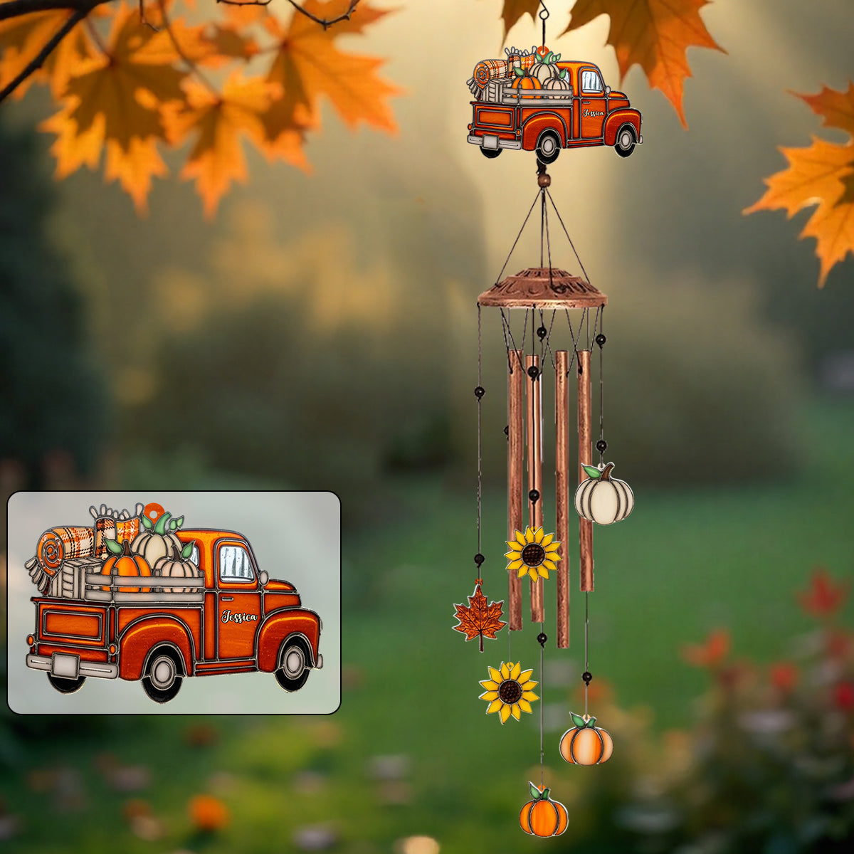 Carillon éolien d'automne personnalisé avec breloques - Camion d'automne