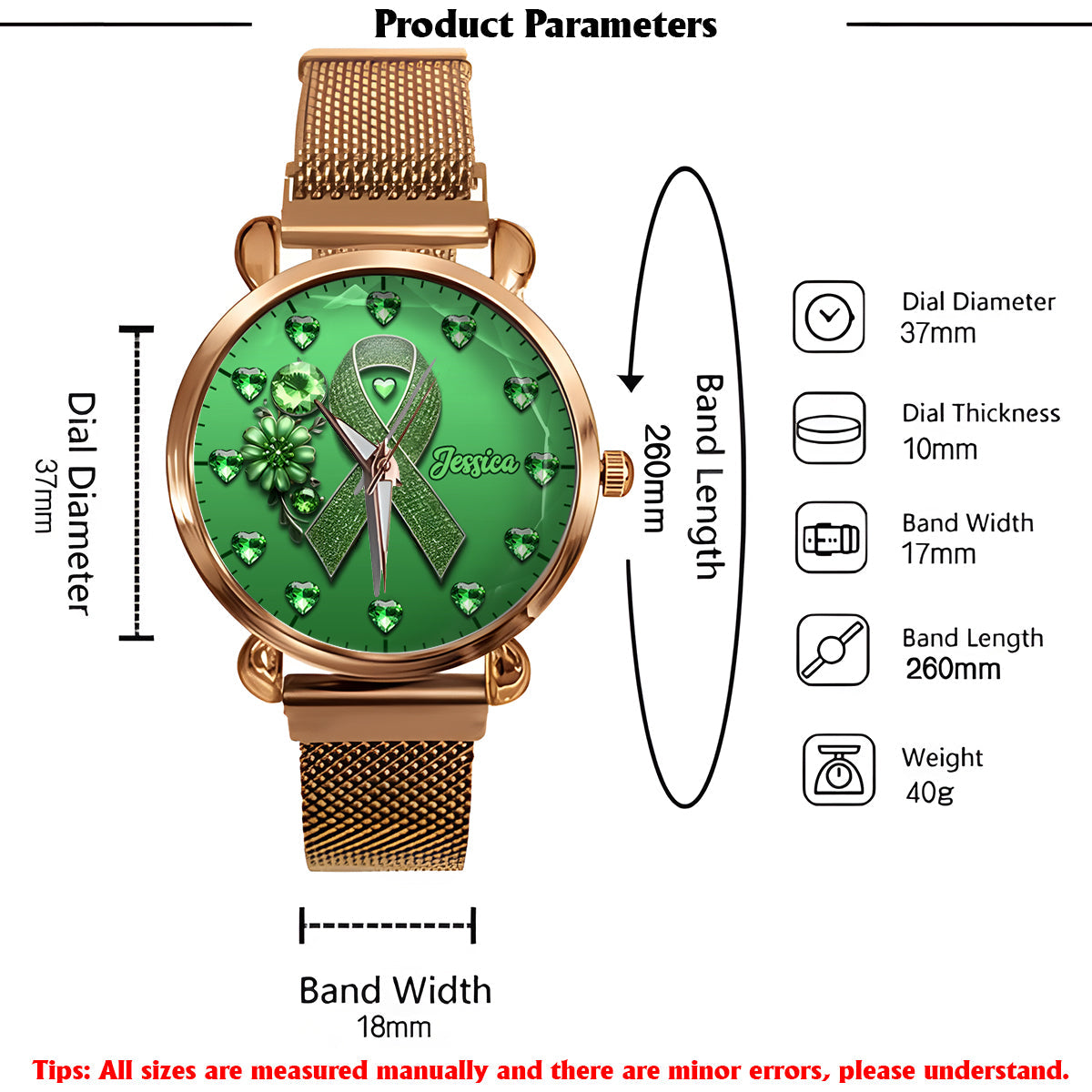 Montre-bracelet personnalisée pour femmes Green Ribbon - Sensibilisation à la santé mentale