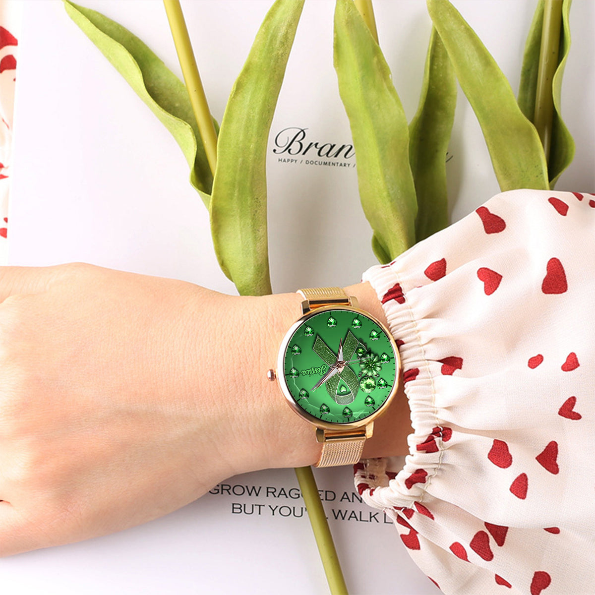 Montre-bracelet personnalisée pour femmes Green Ribbon - Sensibilisation à la santé mentale