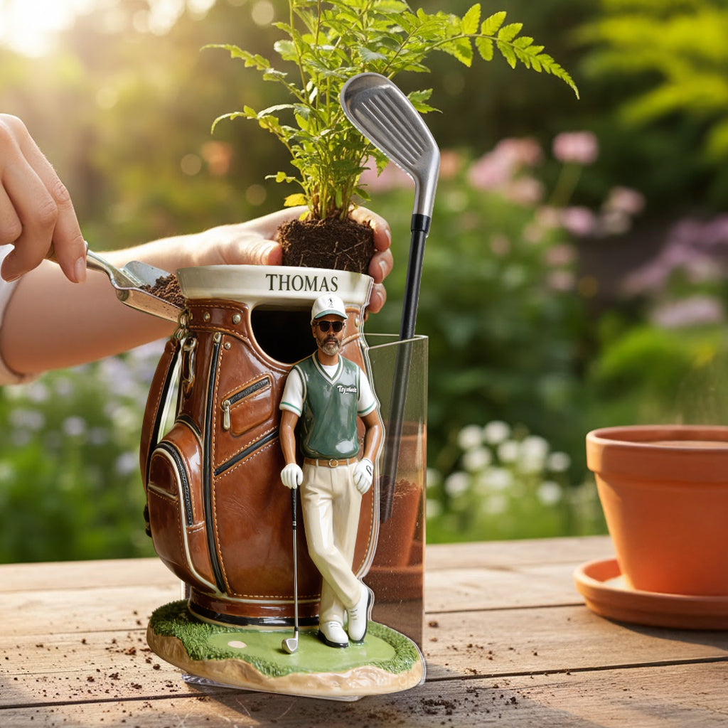Funny Custom Golf Bag Plant Pot, Flower Vase - Personalized Golf Acrylic Pot & Stake