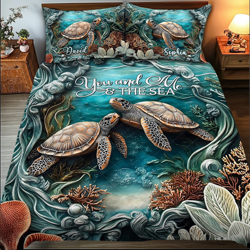 Toi, moi et la mer - Ensemble de courtepointe personnalisé Tortue