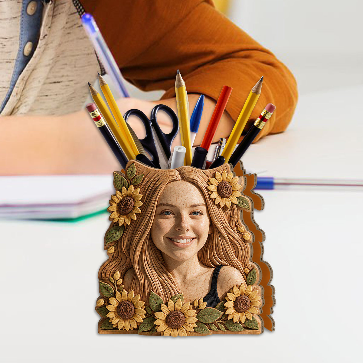 Porte-pinceaux de maquillage - Organisateur de bureau en bois personnalisé