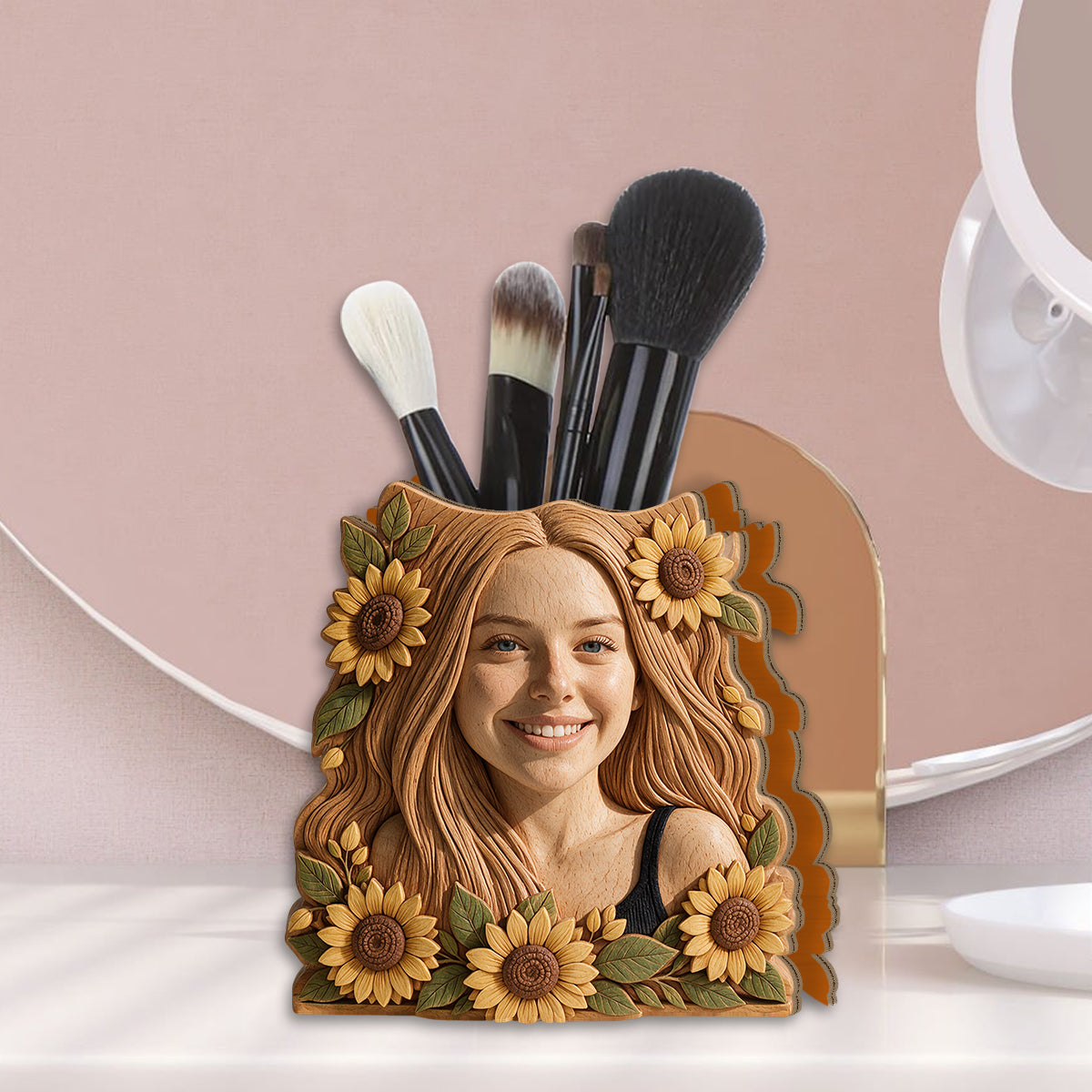 Porte-pinceaux de maquillage - Organisateur de bureau en bois personnalisé