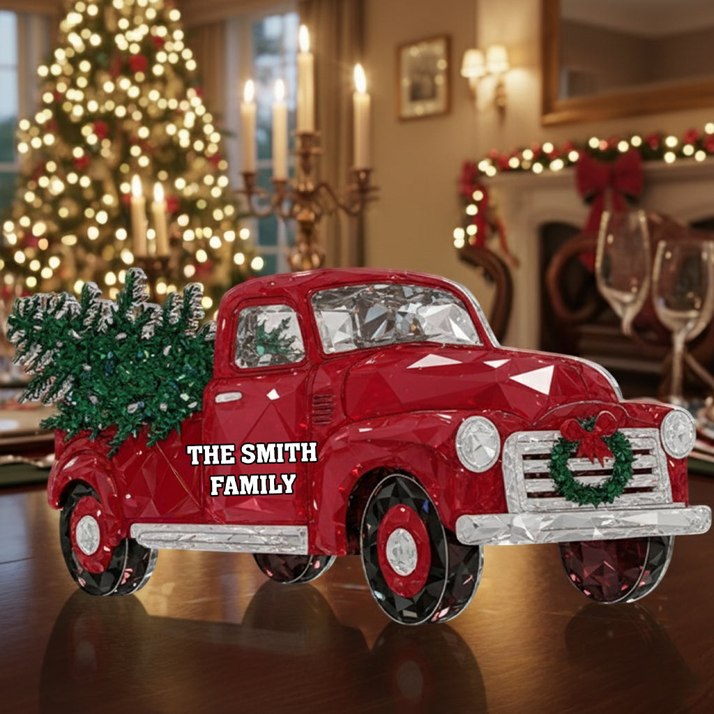 Crystal Red Truck Merry Christmas - Personalized Family Custom Shaped Acrylic Plaque