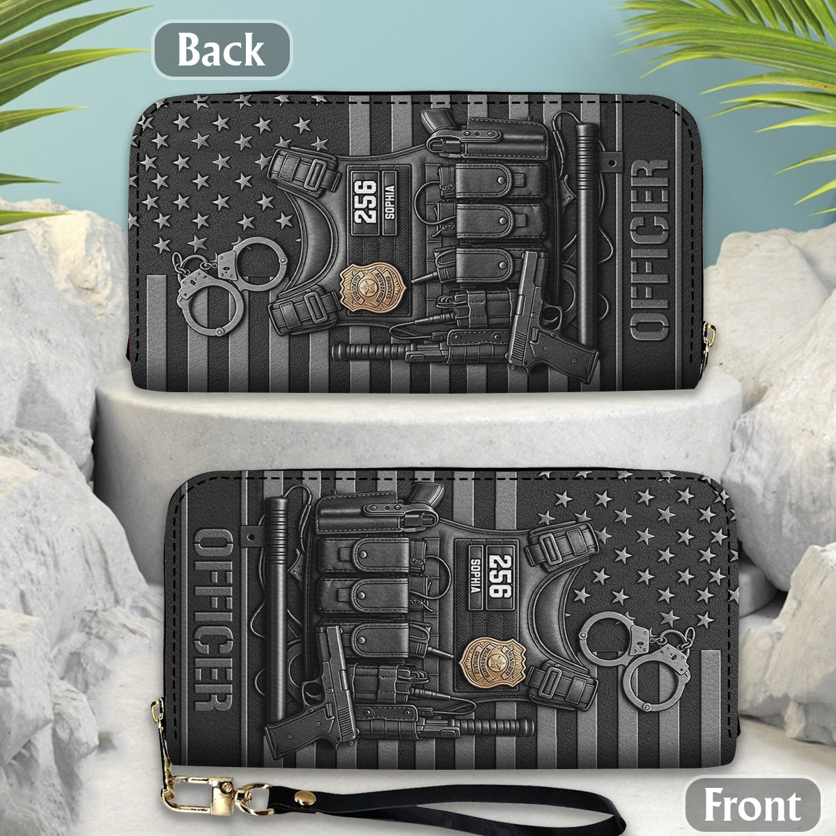 Servir et protéger - Portefeuille long en cuir personnalisé pour policier