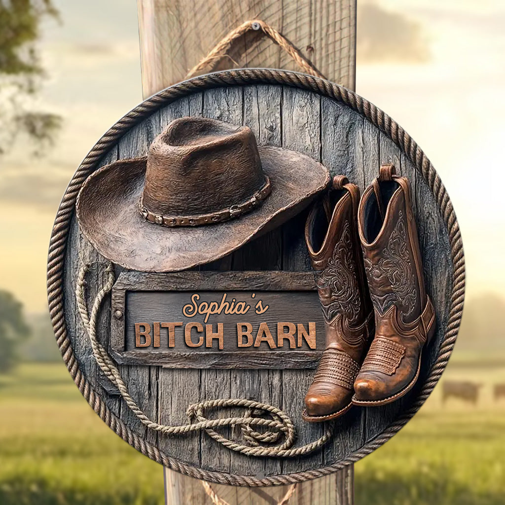 B*tch Barn - Panneau rond en bois personnalisé pour cowgirl