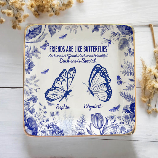Friends Are Like Butterflies Toile De Jouy Flowers - Personalized Bestie Fully Printed Jewelry Dish