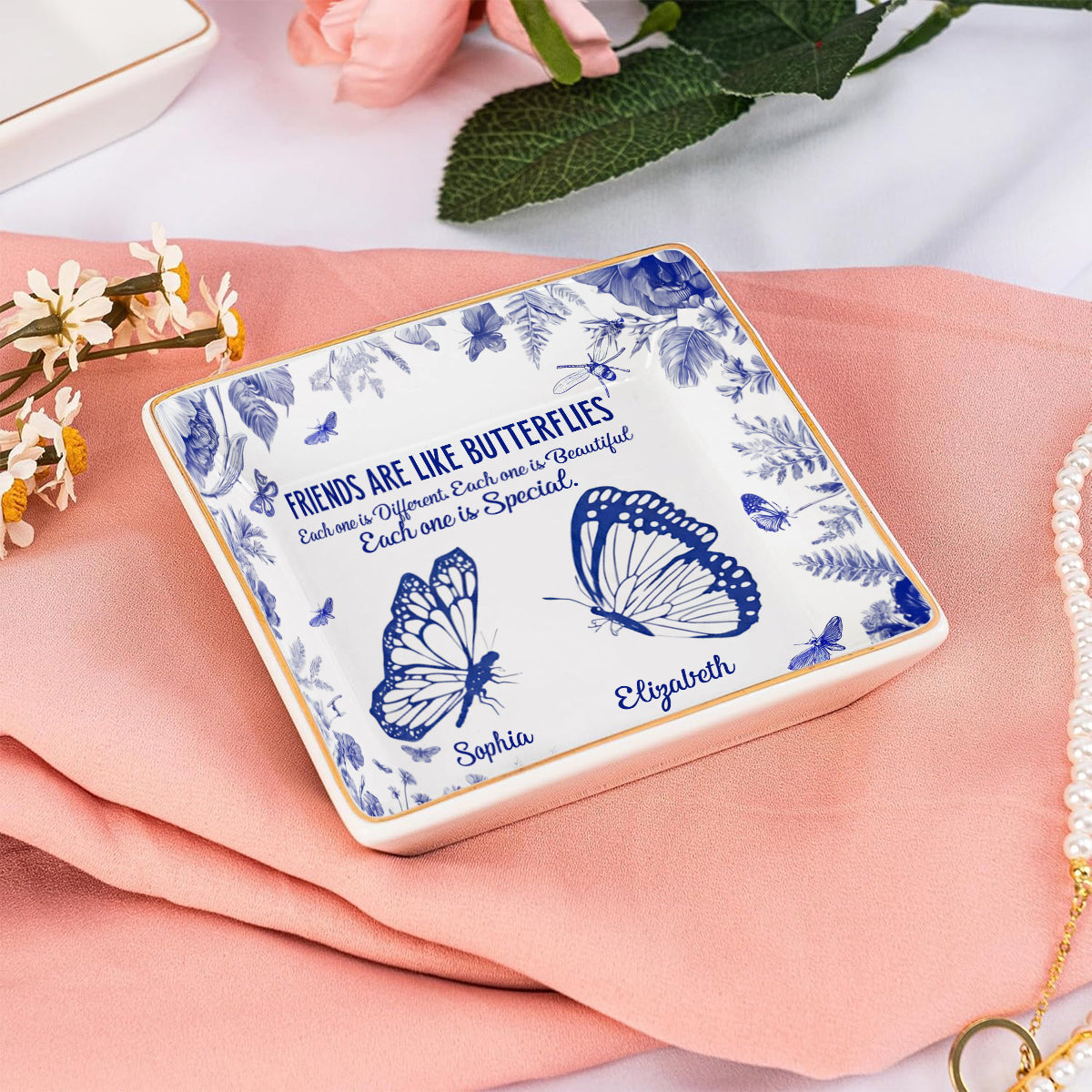 Friends Are Like Butterflies Toile De Jouy Flowers - Personalized Bestie Fully Printed Jewelry Dish