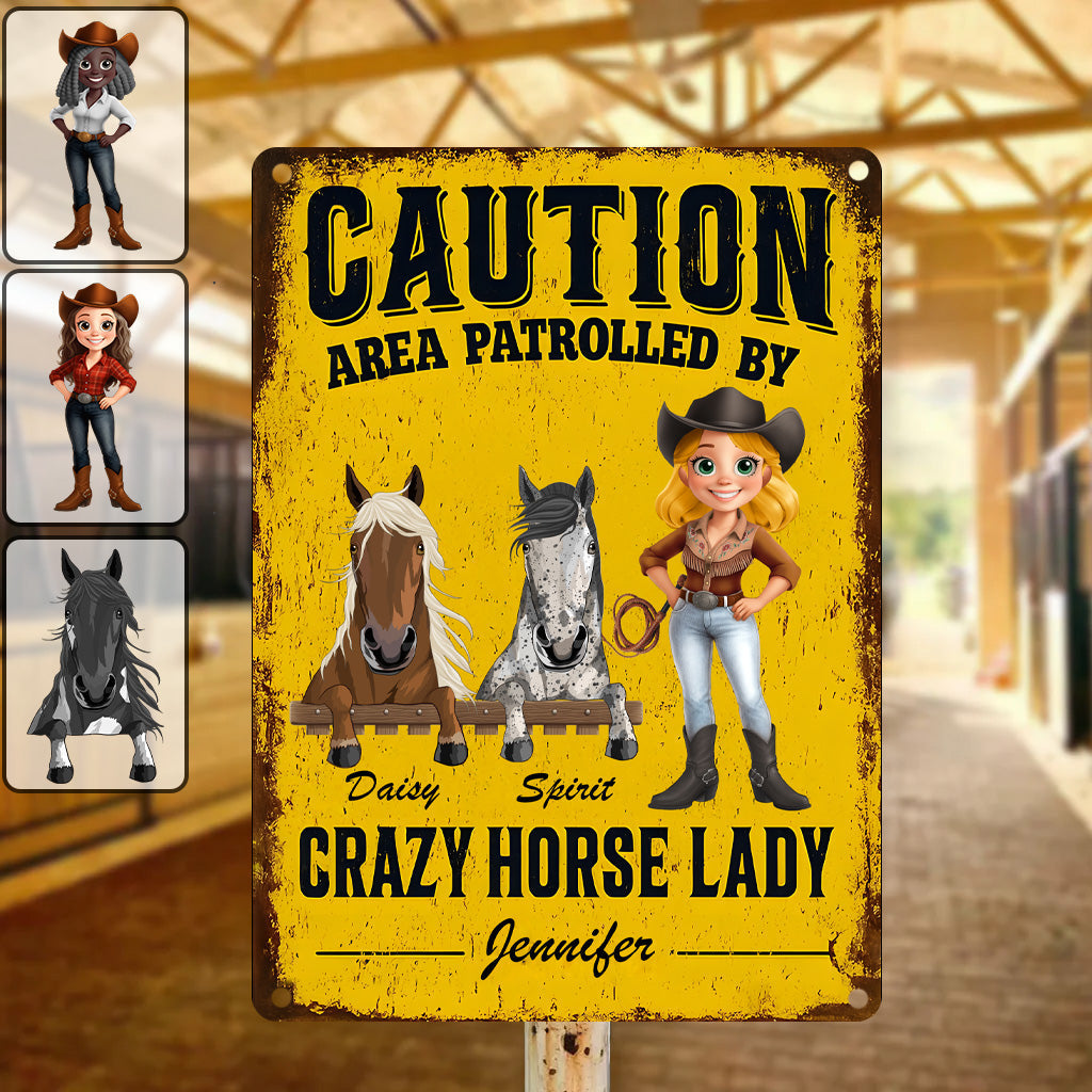 Zone patrouillée par une cavalière passionnée - Panneau métallique rectangulaire personnalisé à motif cheval