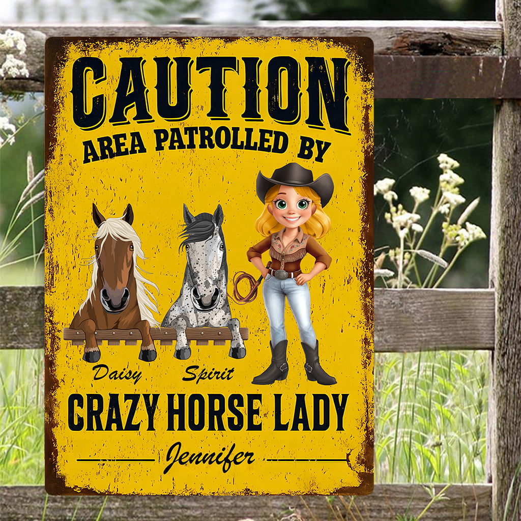 Zone patrouillée par une cavalière passionnée - Panneau métallique rectangulaire personnalisé à motif cheval