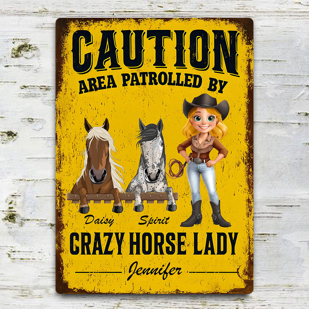 Zone patrouillée par une cavalière passionnée - Panneau métallique rectangulaire personnalisé à motif cheval