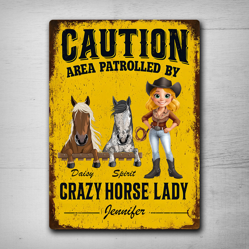 Zone patrouillée par une cavalière passionnée - Panneau métallique rectangulaire personnalisé à motif cheval
