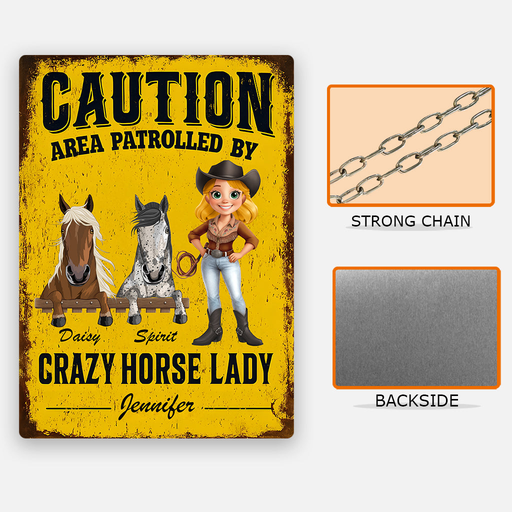 Zone patrouillée par une cavalière passionnée - Panneau métallique rectangulaire personnalisé à motif cheval