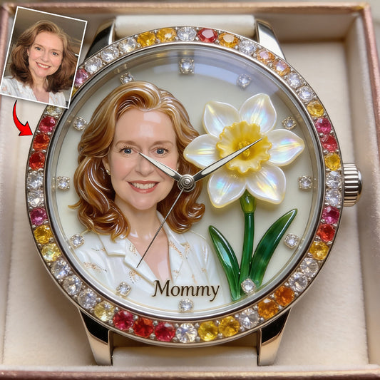 Montre-bracelet personnalisée pour femme - Photo et fleur du mois de naissance - Montre-bracelet personnalisée « Amour de soi » 
