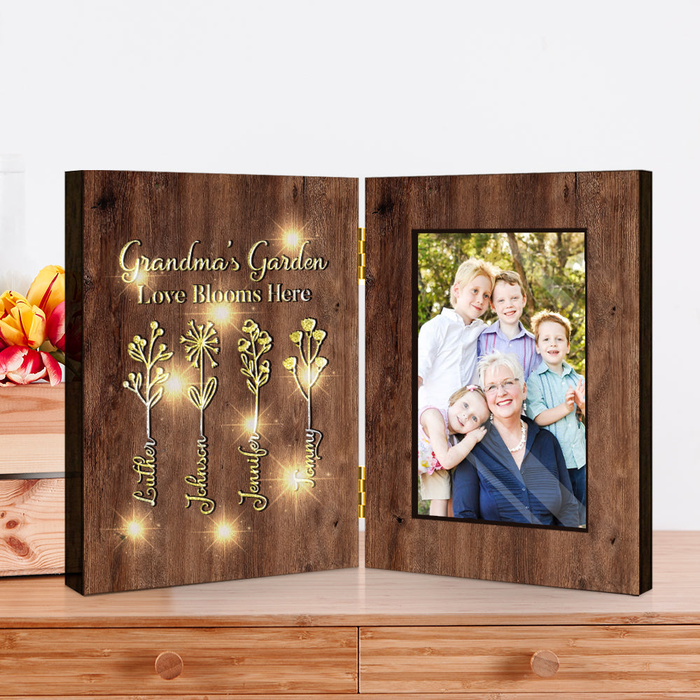 Le jardin de grand-mère - Cadre photo pliable personnalisé avec lumière pour grand-mère