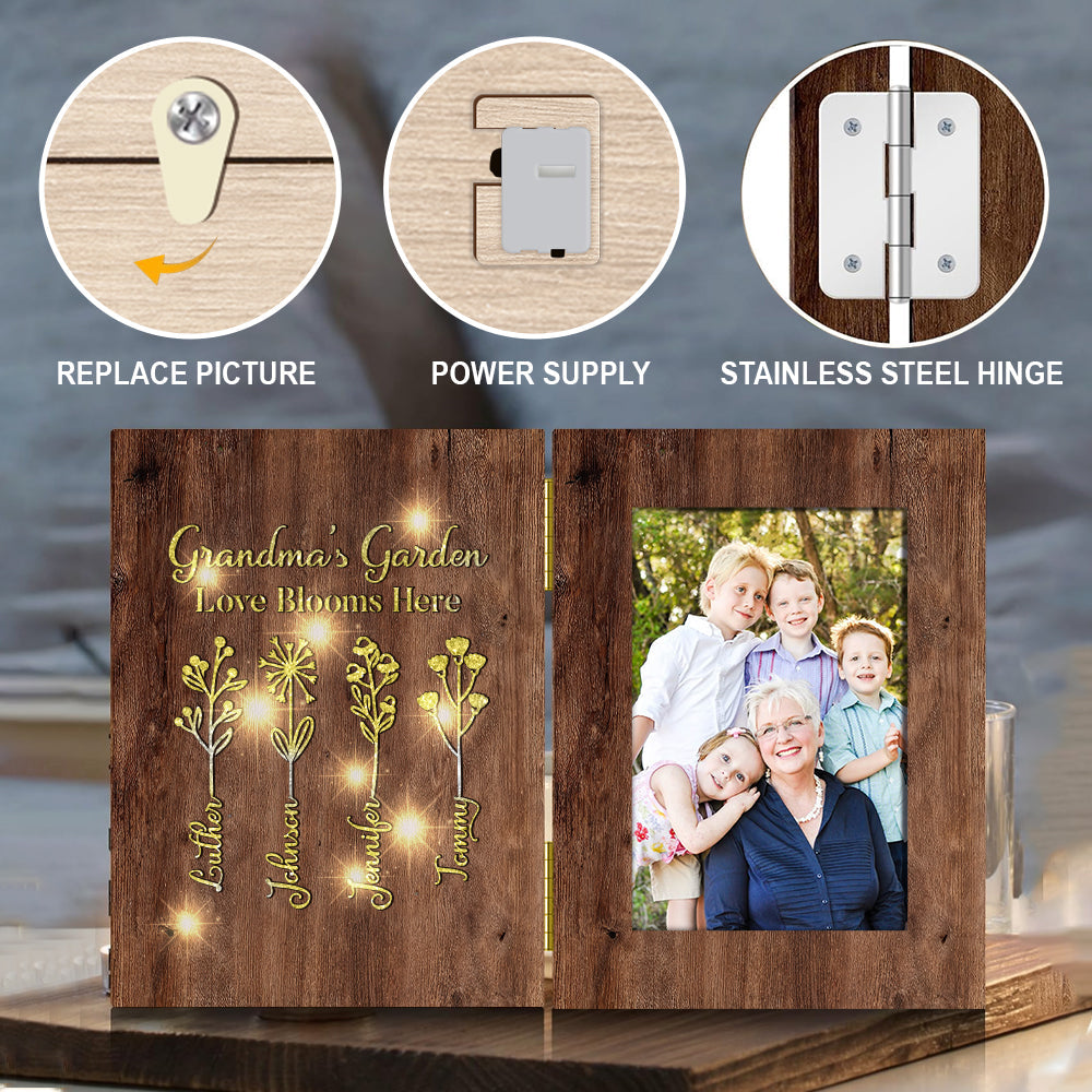 Le jardin de grand-mère - Cadre photo pliable personnalisé avec lumière pour grand-mère