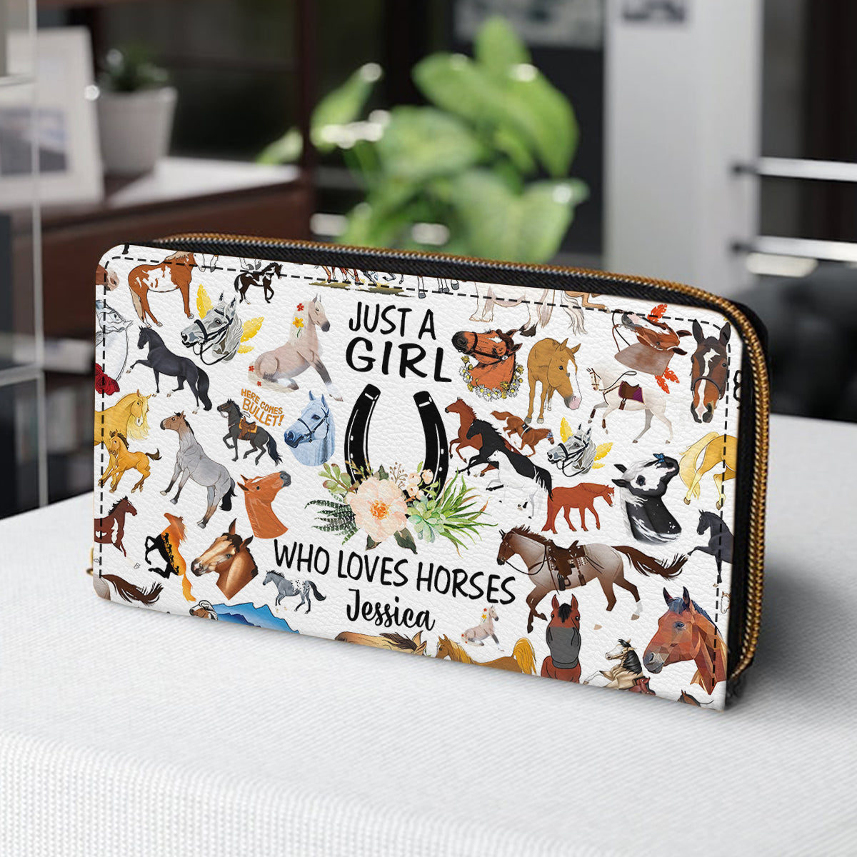 Juste une fille qui aime les chevaux - Portefeuille long en cuir personnalisé à motif cheval