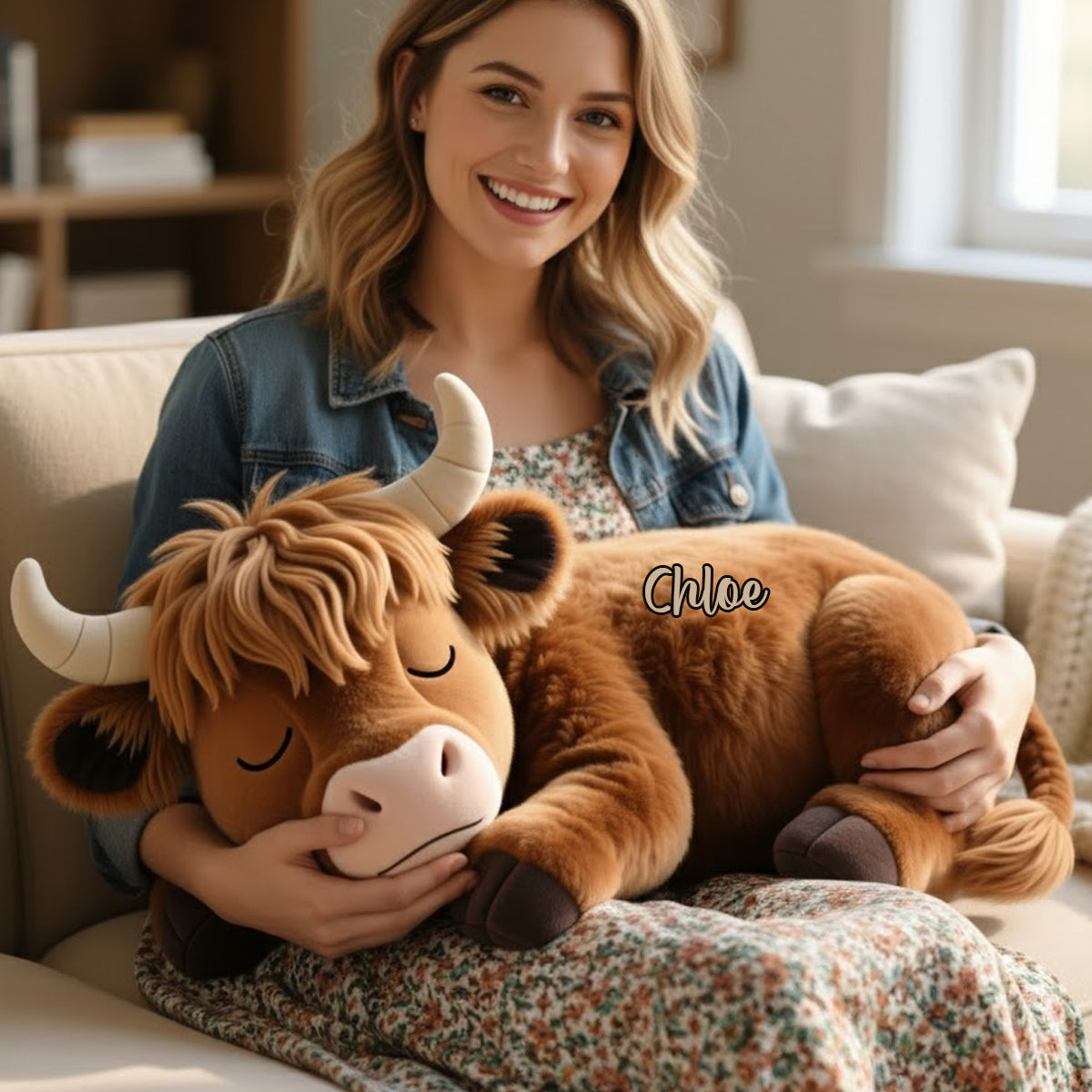 Sleeping Highland Cow - Personalized Highland Cow Faux Fur Shaped Pillow